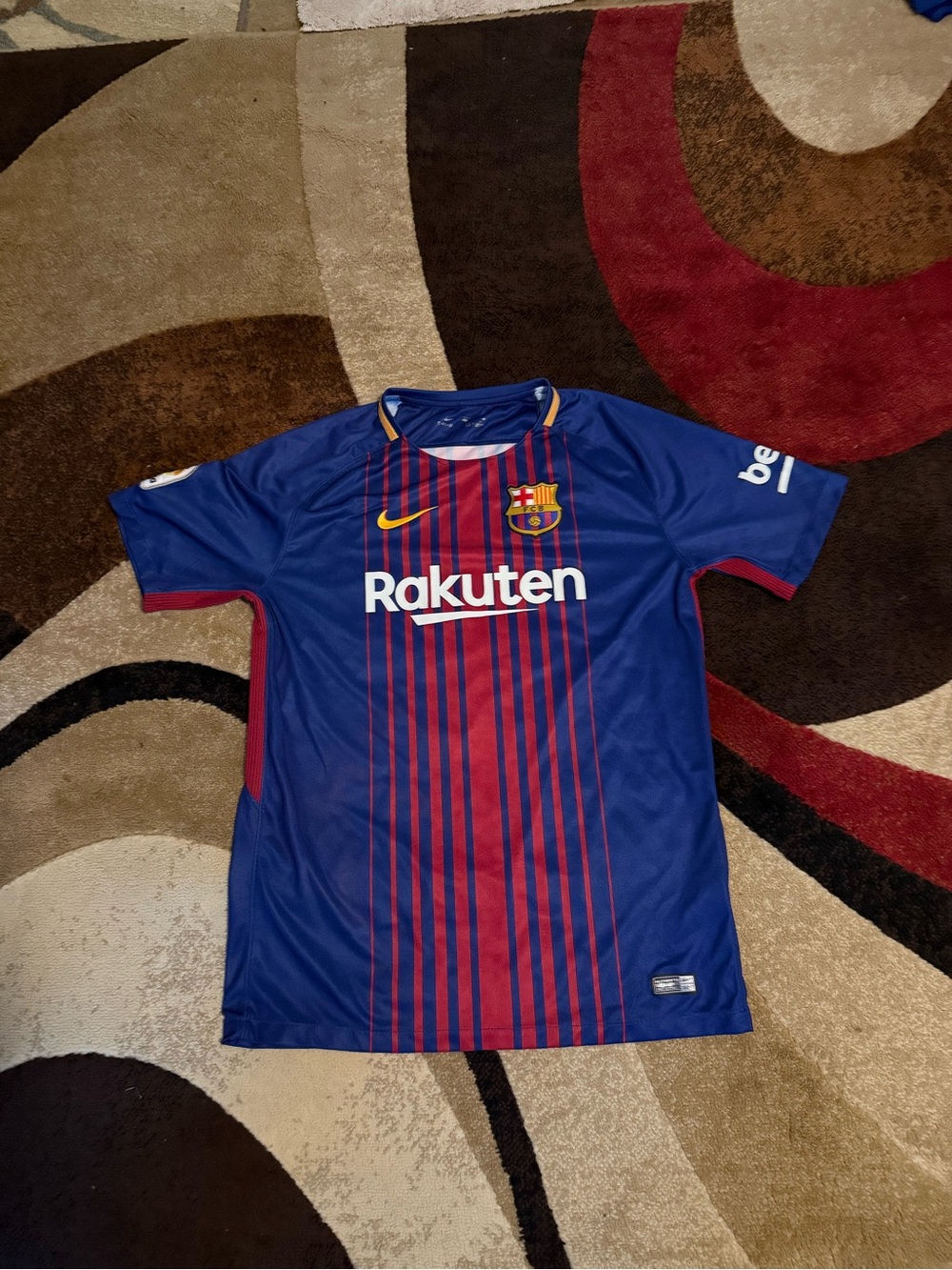 Nike Men's Blue and Red FC Barcelona Short Sleeve Jersey Lionel Messi size L
